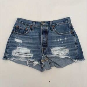 Levis 501 Original Distressed Denim Shorts Womens W29 Medium Wash Blue High Rise